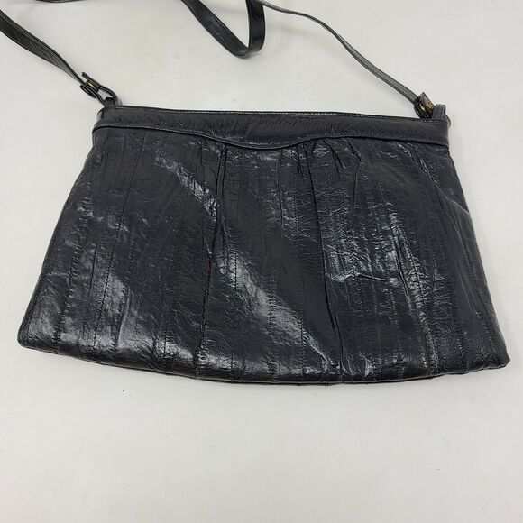 Vintage Black Eel Skin Handbag Shoulder Clutch Leather of the Sea 22" Drop Strap - Picture 3 of 8